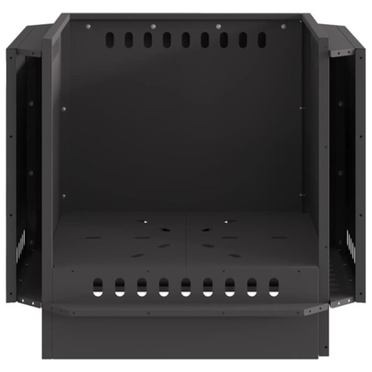 Interior view of black steel cube fire pit showing ventilated base grate and side panel construction Pyrova