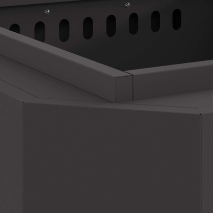 Close up of interior top rim and ventilation slots on black steel cube fire pit showing panel construction Pyrova