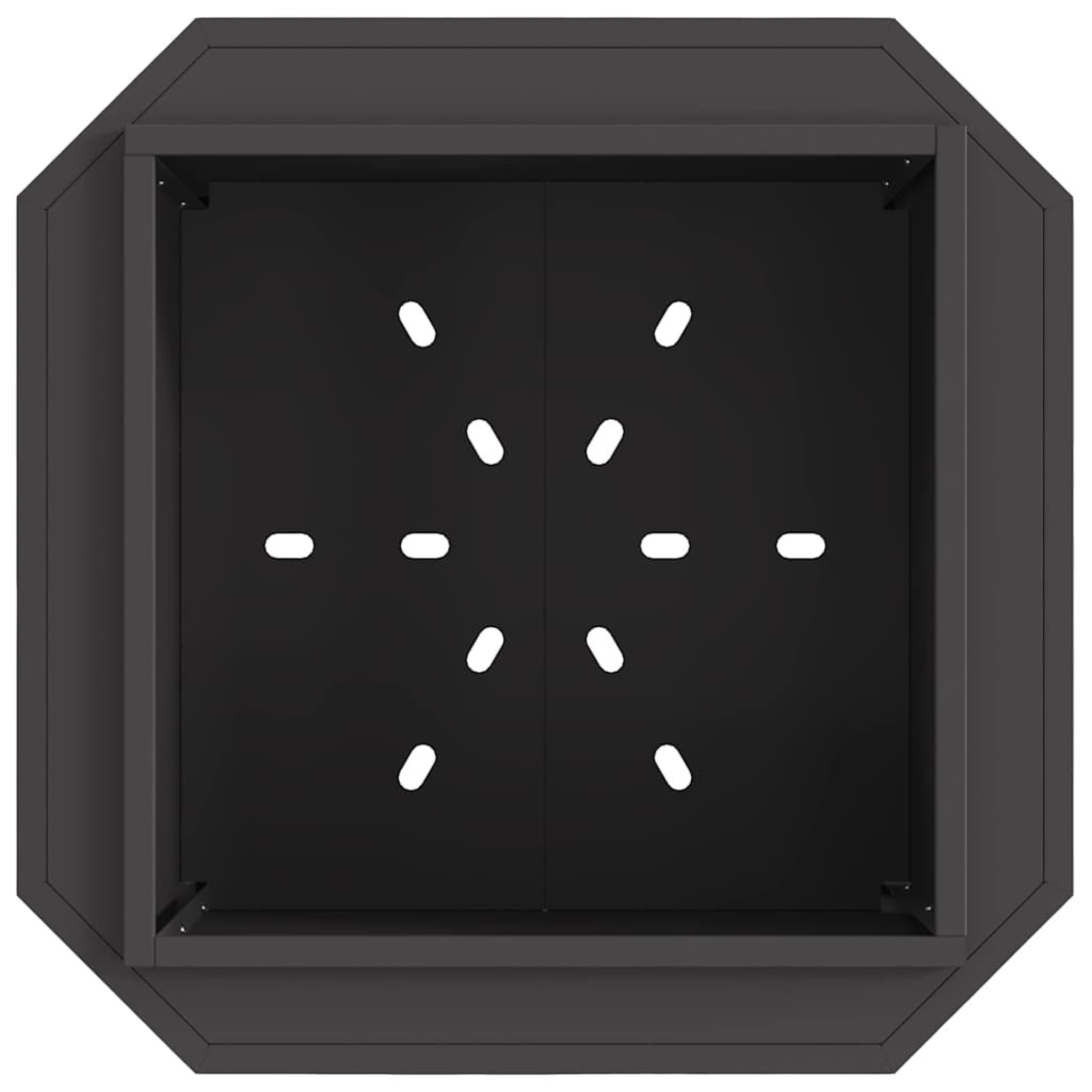 Top down view of black steel cube fire pit showing square open firebox with ventilation grate at base Pyrova