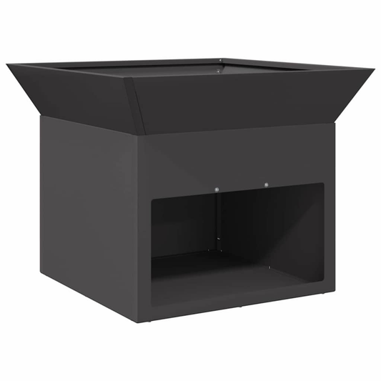 Anthracite steel fire pit with flared bowl top and open log store compartment on white background outdoor fire pit Pyrova