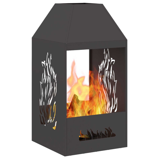Anthracite steel house-shaped chiminea with flame cut-out panels burning wood with large open flame on white background outdoor fire pit Pyrova