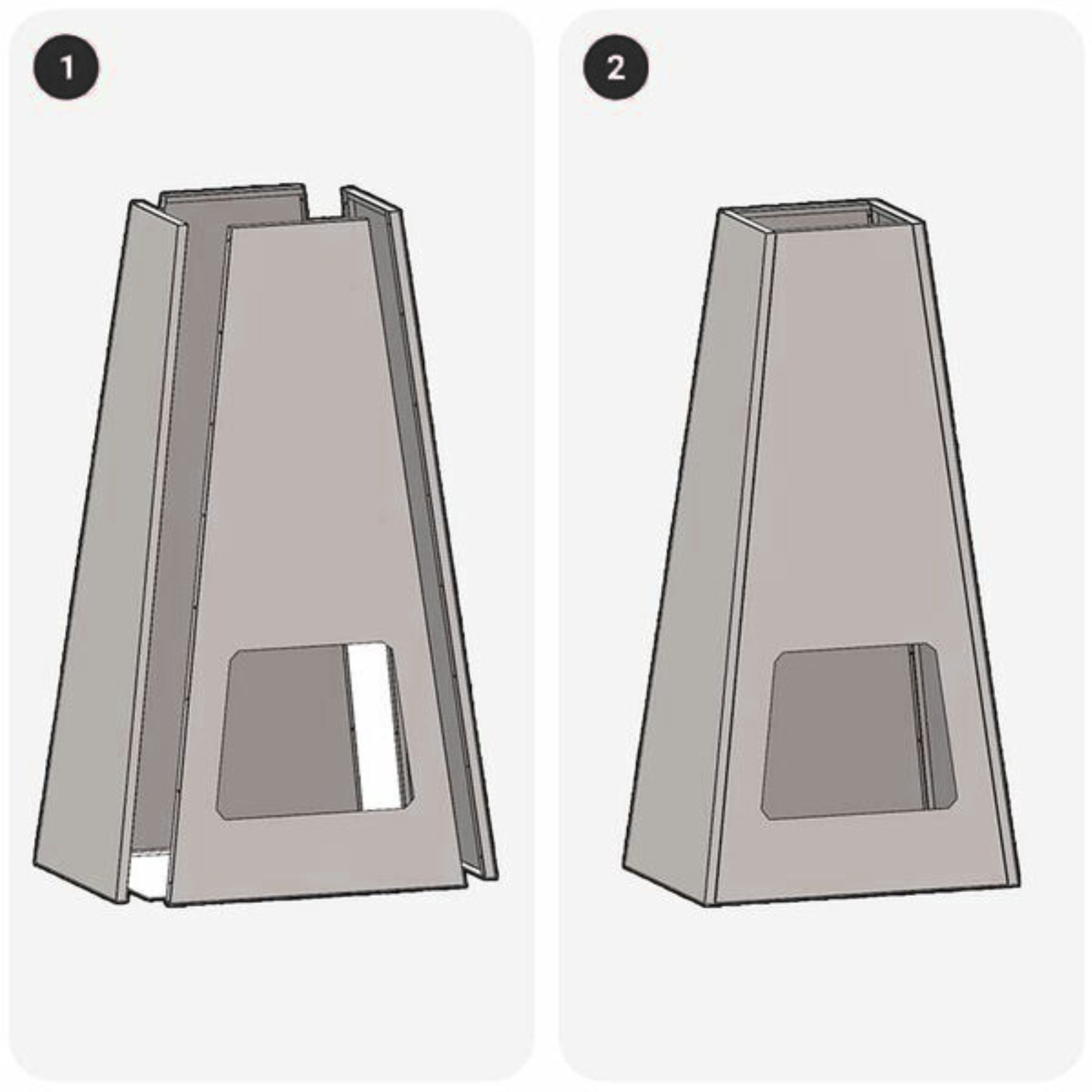 Two step assembly diagram of steel pyramid chiminea fire pit showing panel interlocking construction outdoor fire pit Pyrova