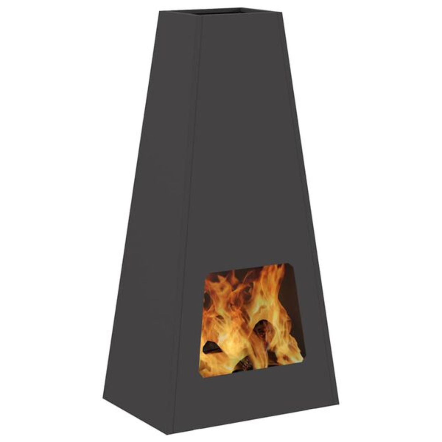 Steel pyramid chiminea fire pit with large open flame visible through front opening on white background outdoor fire pit Pyrova