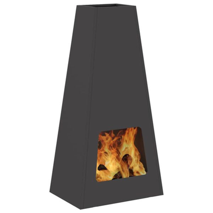 Steel pyramid chiminea fire pit with large open flame visible through front opening on white background outdoor fire pit Pyrova