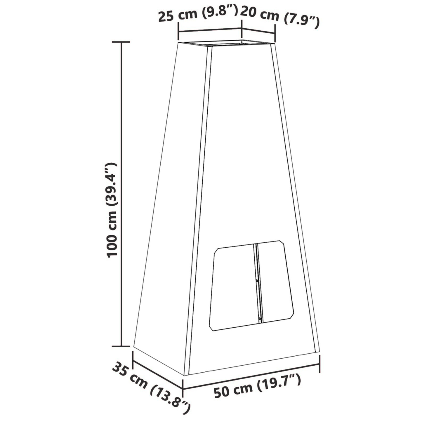 Technical dimension drawing of steel pyramid chiminea fire pit 50x35x100cm with 25x20cm top opening outdoor fire pit Pyrova