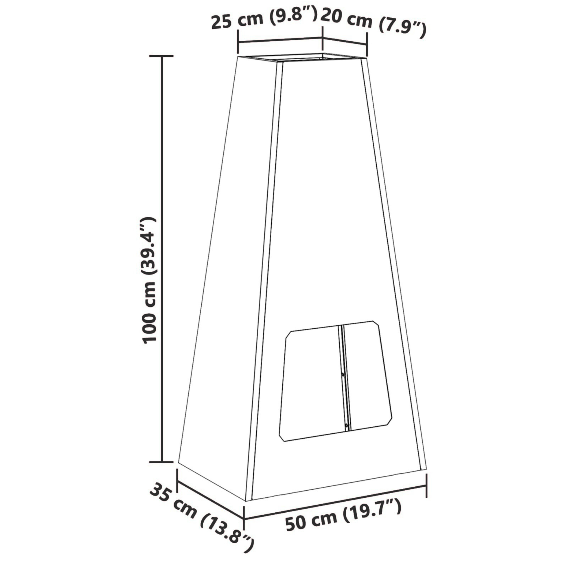Technical dimension drawing of steel pyramid chiminea fire pit 50x35x100cm with 25x20cm top opening outdoor fire pit Pyrova