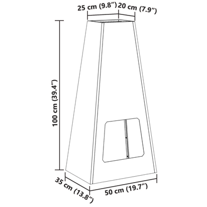Technical dimension drawing of steel pyramid chiminea fire pit 50x35x100cm with 25x20cm top opening outdoor fire pit Pyrova