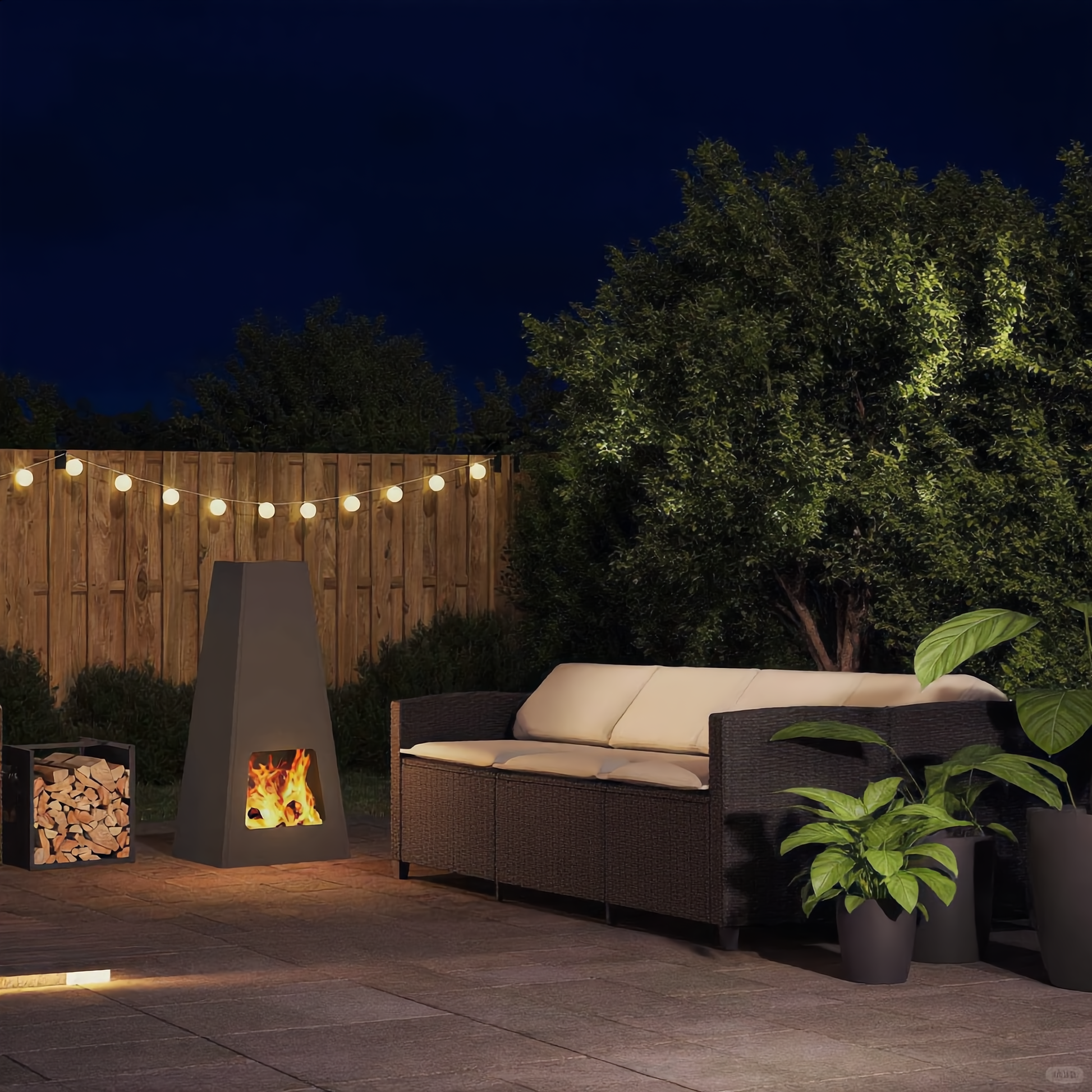 Anthracite steel pyramid chiminea fire pit burning wood on evening garden patio next to rattan sofa and string lights outdoor fire pit Pyrova
