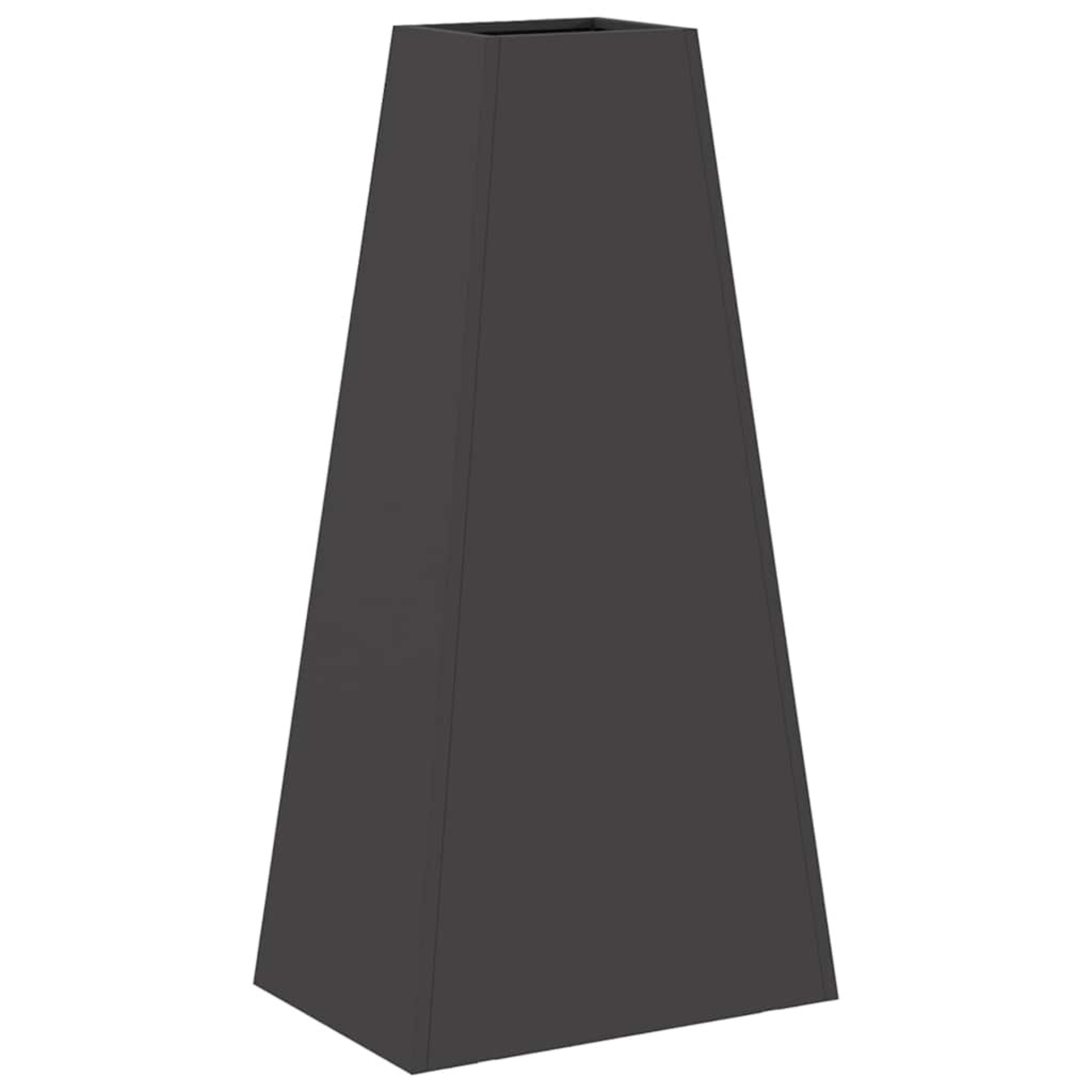Side view of anthracite steel pyramid chiminea fire pit showing tapered form and closed side panel outdoor fire pit Pyrova