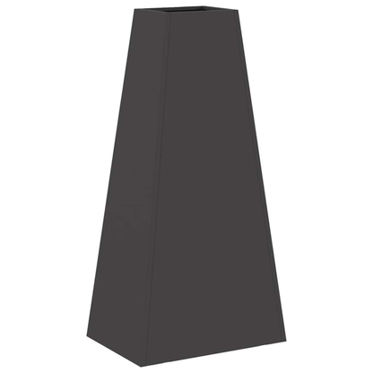 Side view of anthracite steel pyramid chiminea fire pit showing tapered form and closed side panel outdoor fire pit Pyrova