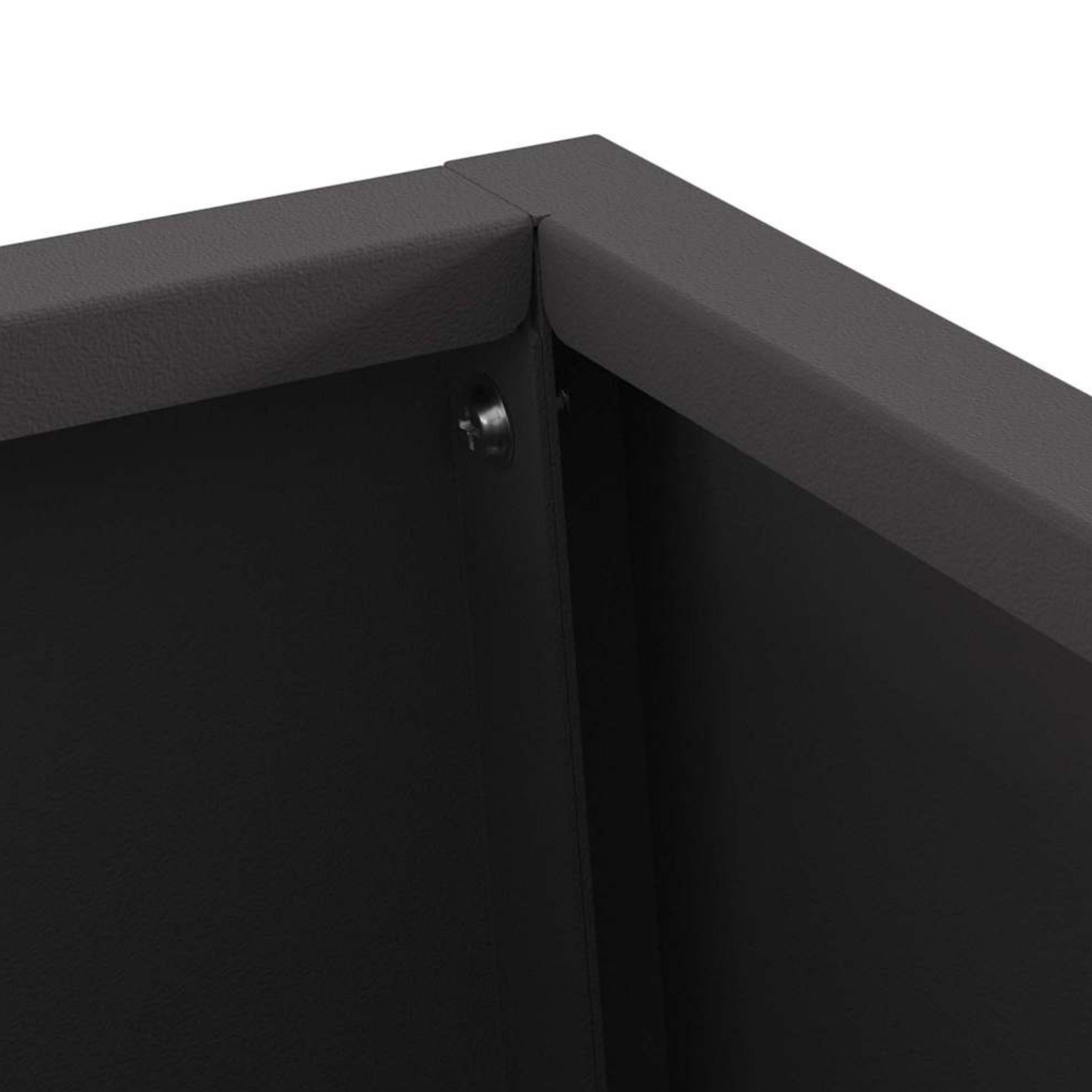 Close up of anthracite steel pyramid chiminea fire pit top opening corner showing bolt fixings and powder coat finish outdoor fire pit Pyrova