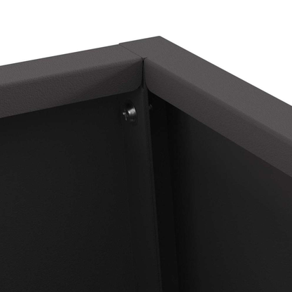 Close up of anthracite steel pyramid chiminea fire pit top opening corner showing bolt fixings and powder coat finish outdoor fire pit Pyrova