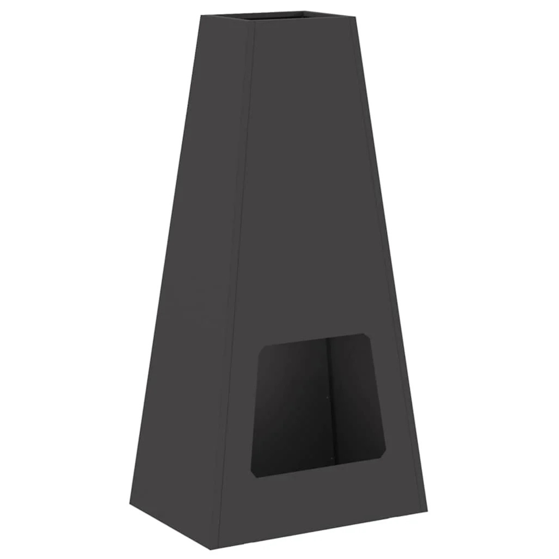 Anthracite steel pyramid chiminea fire pit showing square front opening and tapered body on white background outdoor fire pit Pyrova