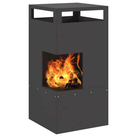 Anthracite steel tower chiminea burning wood with large open flame visible through front firebox on white background outdoor chiminea fire pit Pyrova