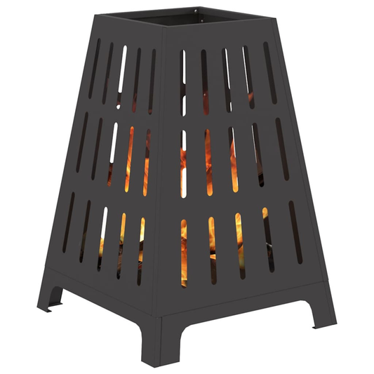 Black steel tower fire pit with slatted panels glowing with open flame inside on white background outdoor fire pit Pyrova