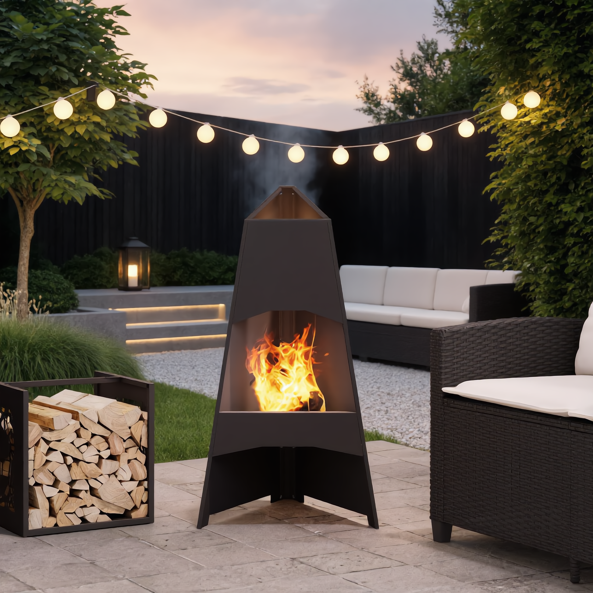 Black steel tower fire pit burning wood on a stone patio at dusk with outdoor sofa and festoon lights in a modern garden outdoor fire pit Pyrova