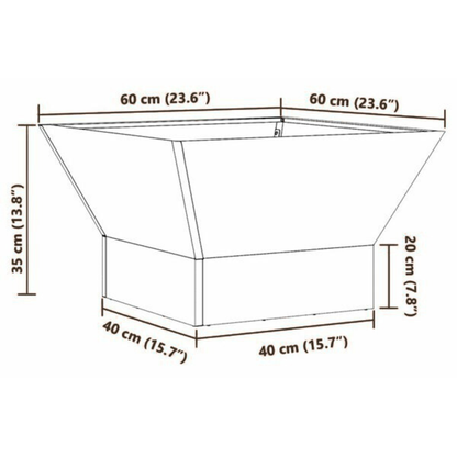 Tapered square steel fire pit 60x60x35cm dimensions diagram - outdoor fire pit - Pyrova
