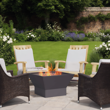 Tapered square steel fire pit 60cm with flames in garden seating area - outdoor lifestyle - Pyrova
