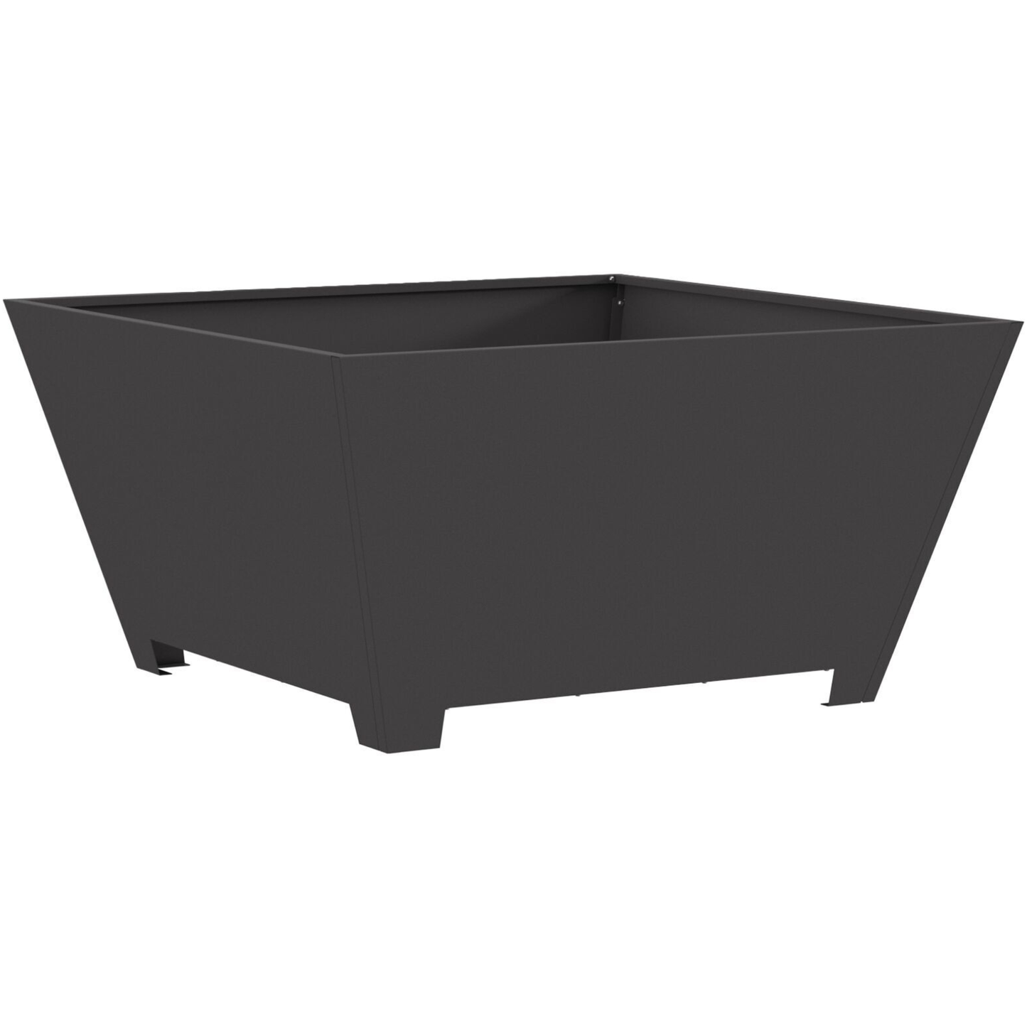 Tapered square outdoor fire pit angle view - matte black steel with feet - Pyrova