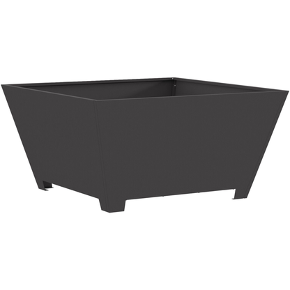 Tapered square outdoor fire pit angle view - matte black steel with feet - Pyrova