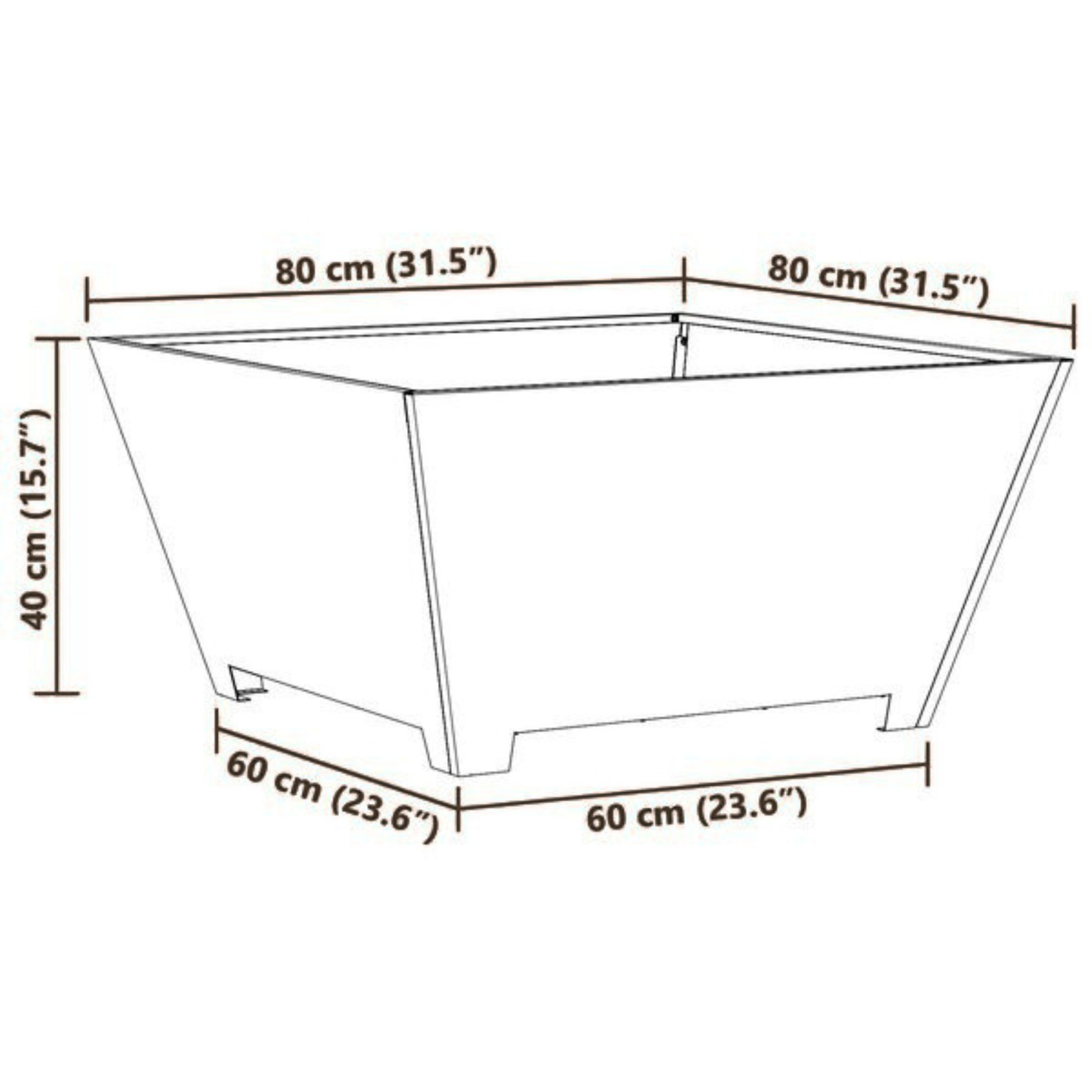 Tapered square steel fire pit 80x80cm dimensions diagram - outdoor fire pit - Pyrova
