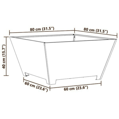 Tapered square steel fire pit 80x80cm dimensions diagram - outdoor fire pit - Pyrova