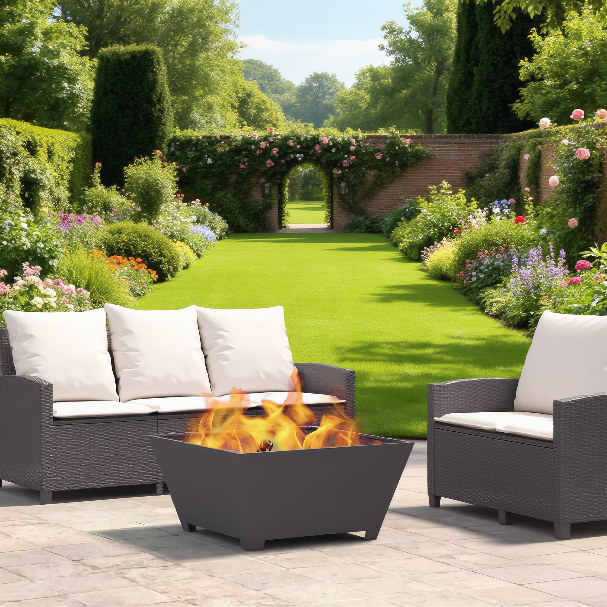 Tapered square steel fire pit with flames in English garden seating area - outdoor lifestyle - Pyrova
