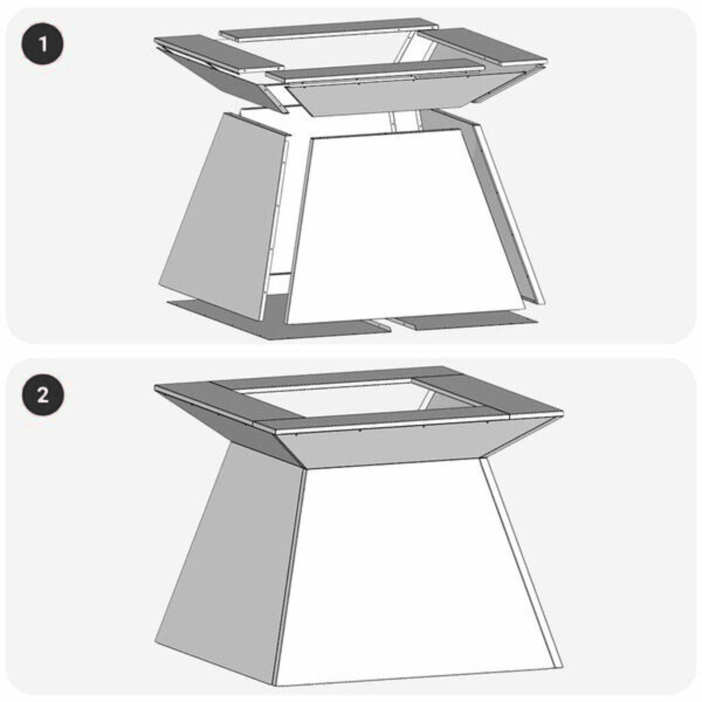 Two step assembly diagram for black steel tapered fire pit showing panel and top tray construction Pyrova