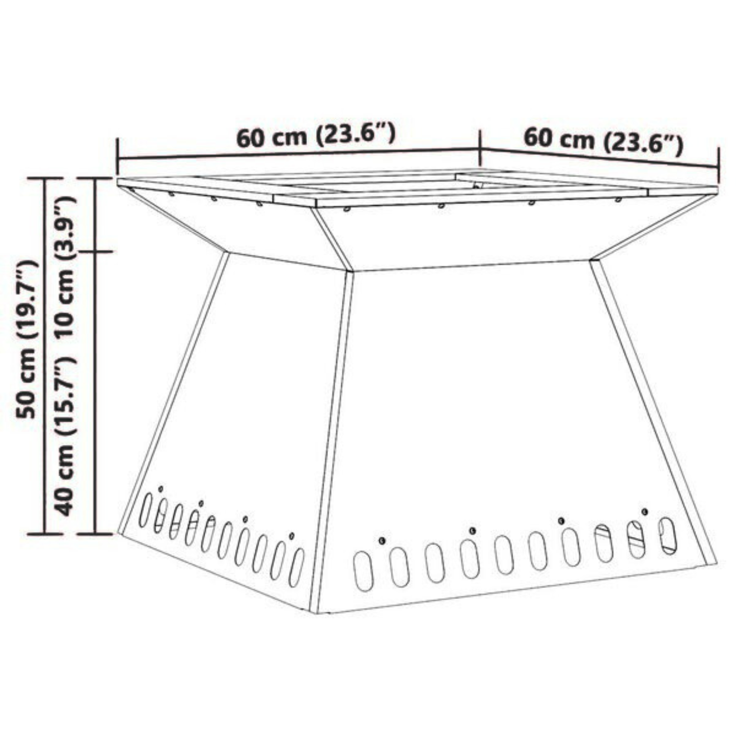 Dimension diagram of tapered steel fire pit showing 60cm width and 50cm height with ventilation slot detail Pyrova