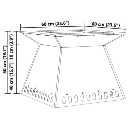 Dimension diagram of tapered steel fire pit showing 60cm width and 50cm height with ventilation slot detail Pyrova