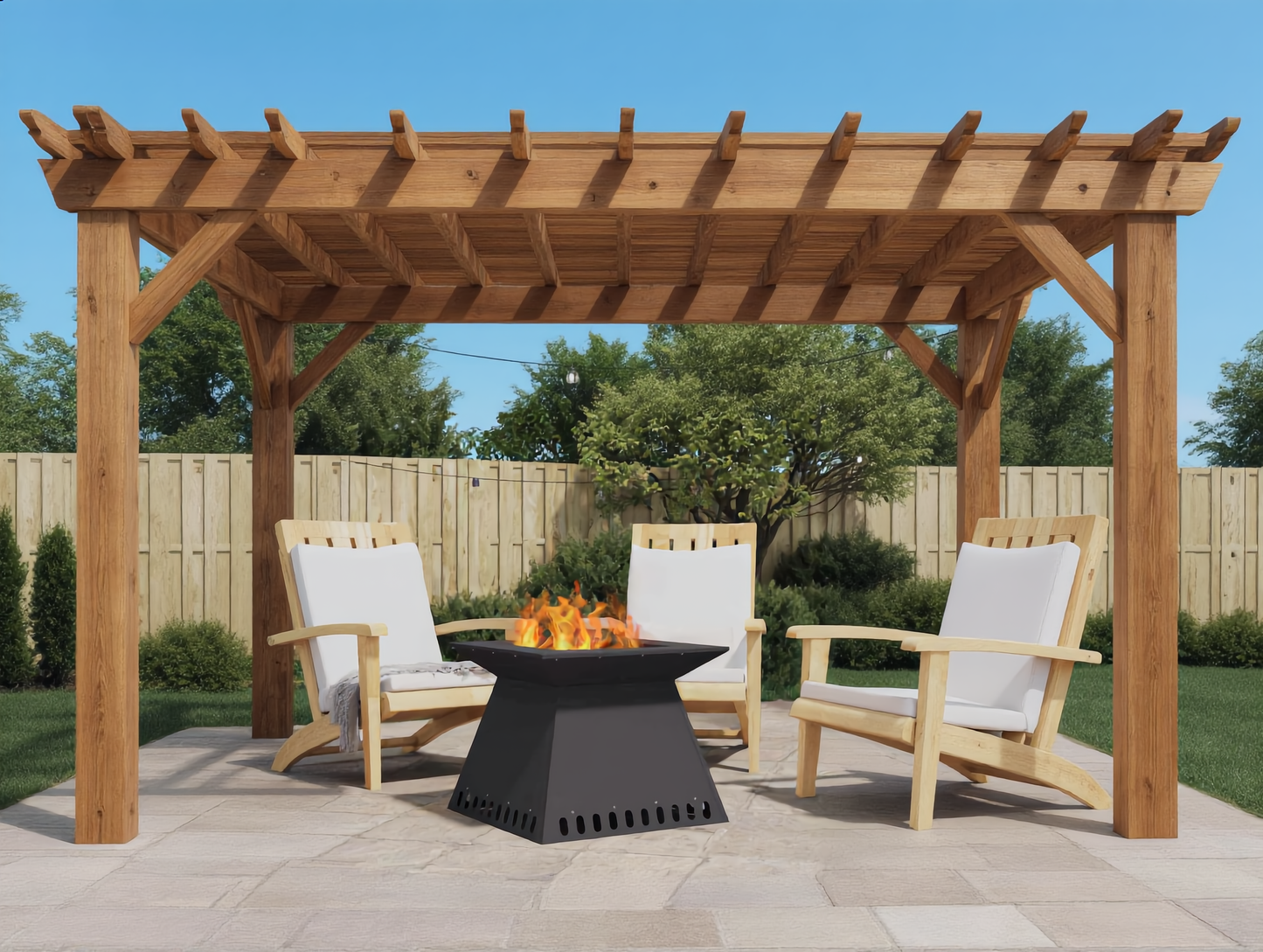 Black steel tapered fire pit burning wood on a patio under a wooden pergola surrounded by garden chairs outdoor fire pit Pyrova