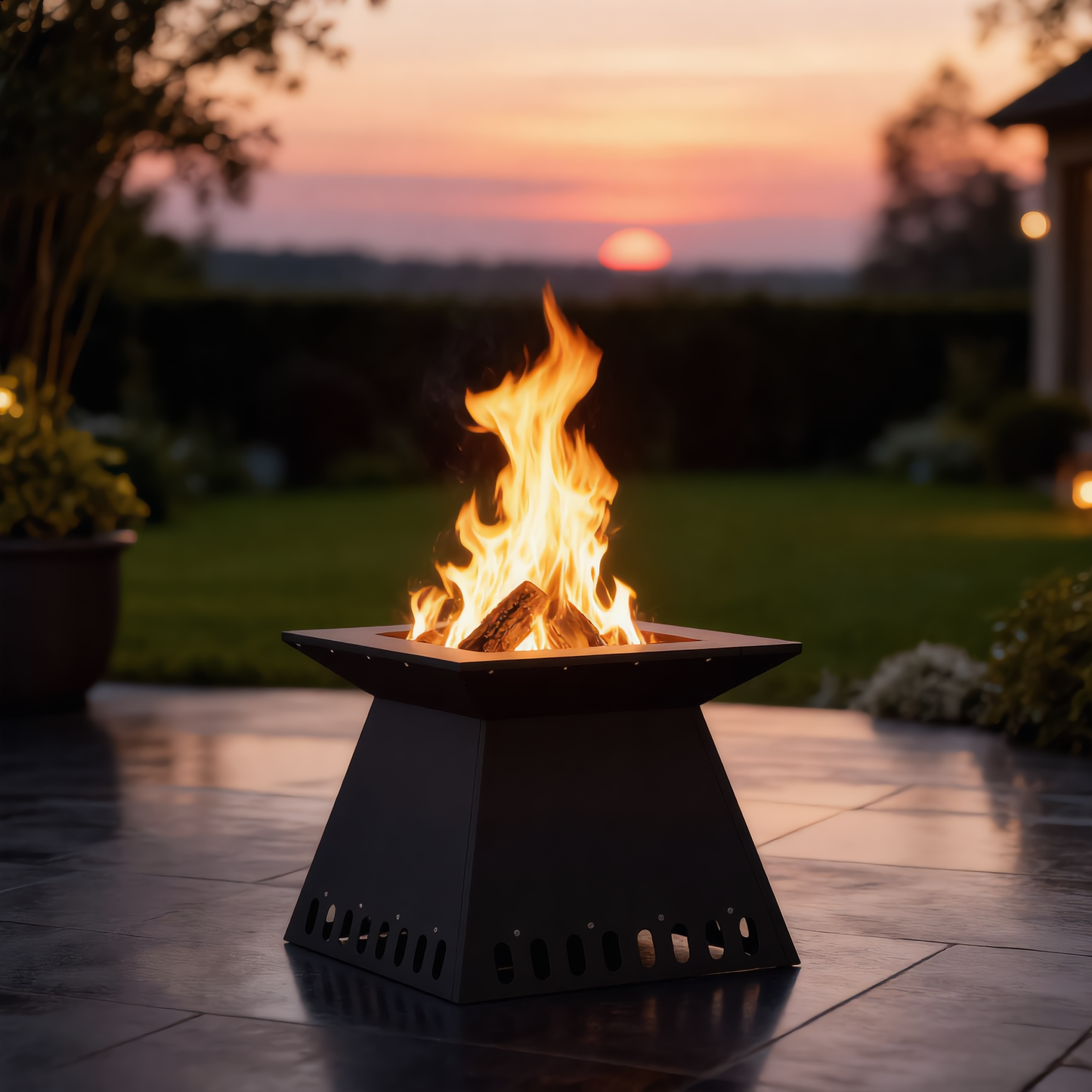 Black steel tapered fire pit with open flame on a garden patio at sunset outdoor wood burning fire pit Pyrova