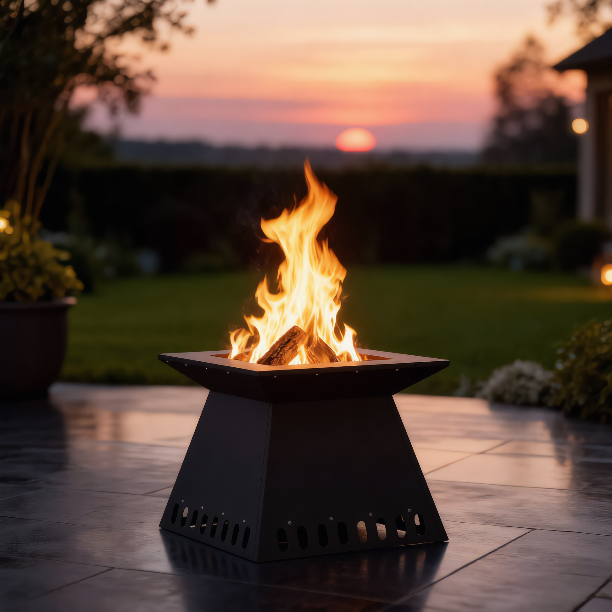 Black steel tapered fire pit with open flame on a garden patio at sunset outdoor wood burning fire pit Pyrova