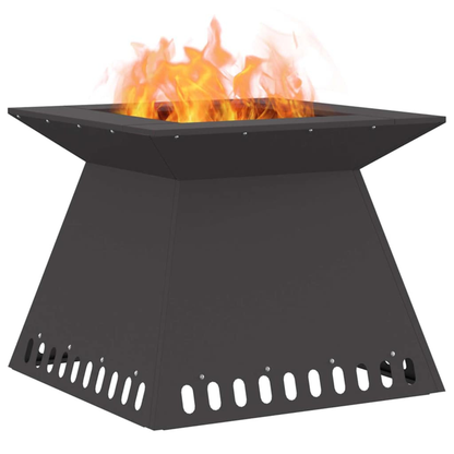Black steel tapered fire pit burning wood with large open flame on white background outdoor garden fire pit Pyrova