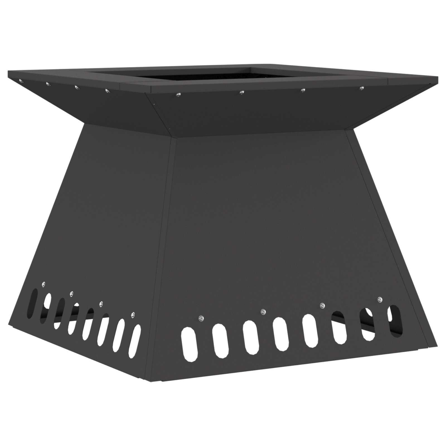 Black steel tapered fire pit with wide top bowl and oval ventilation slots on white background outdoor wood burning fire pit Pyrova