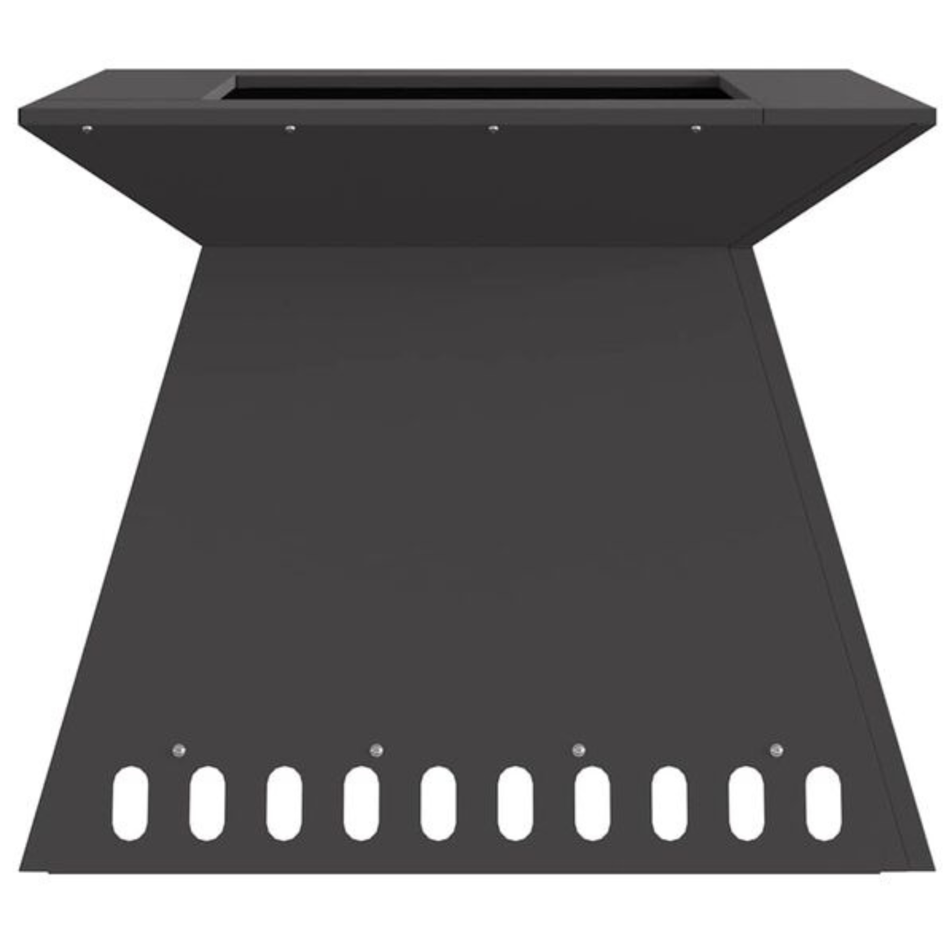 Rear view of black steel tapered fire pit showing wide panels and ventilation slots Pyrova