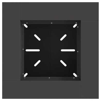 Top down view of black steel tapered fire pit showing square firebox with ventilation grate at base Pyrova