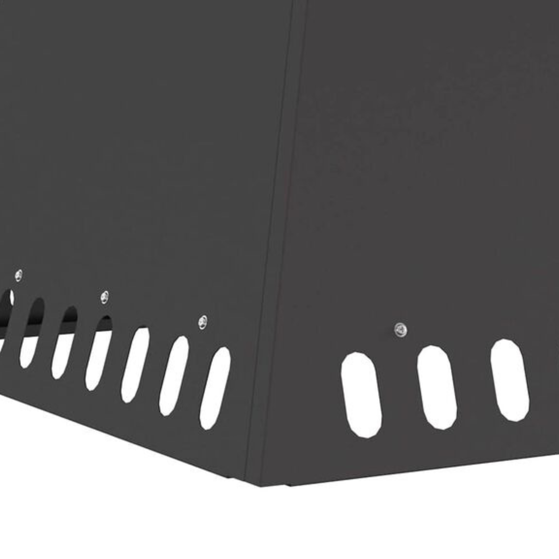 Close up of oval ventilation slots at base of black steel tapered fire pit for airflow and combustion Pyrova