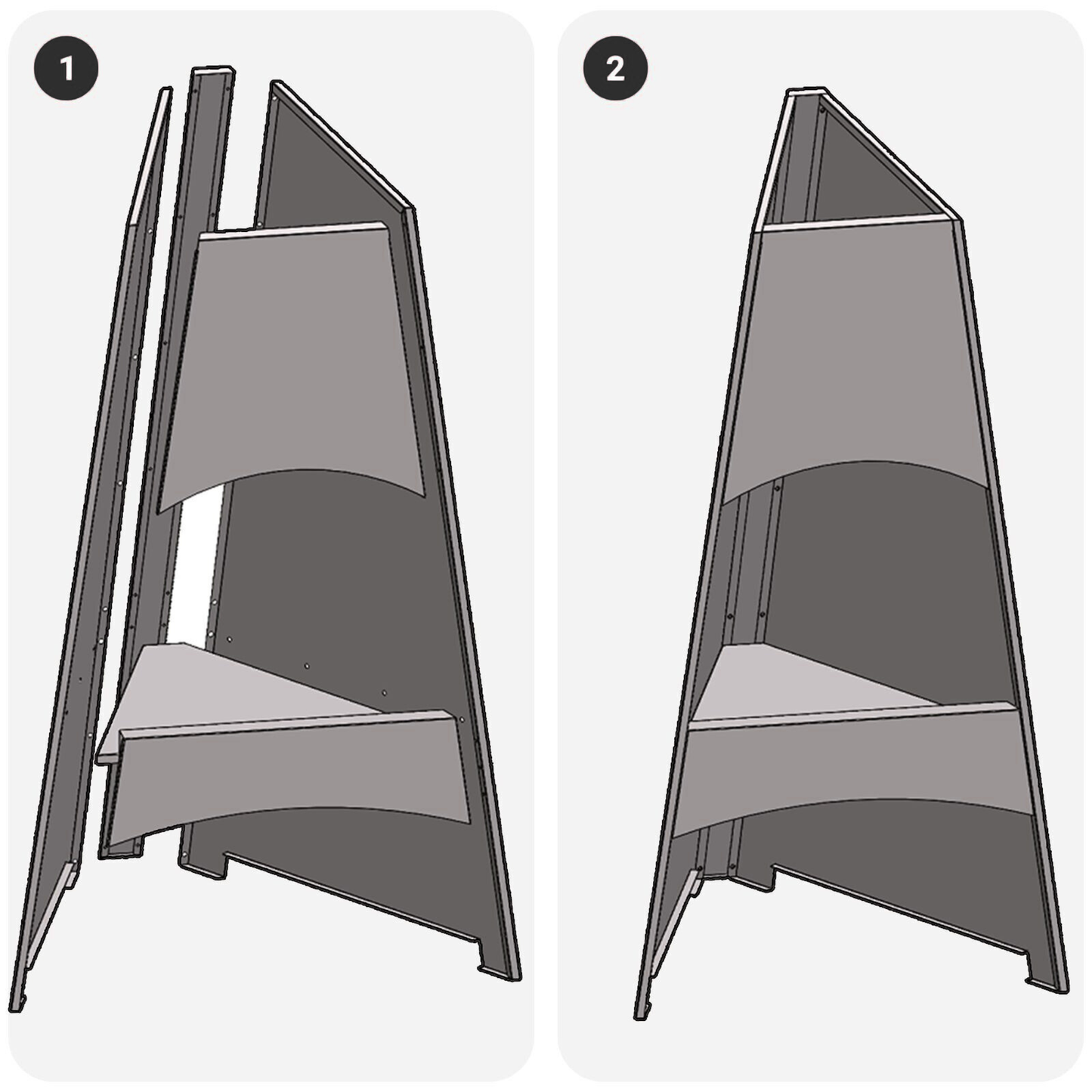 Two step assembly diagram for black steel tower fire pit showing panel construction and shelf fitting Pyrova