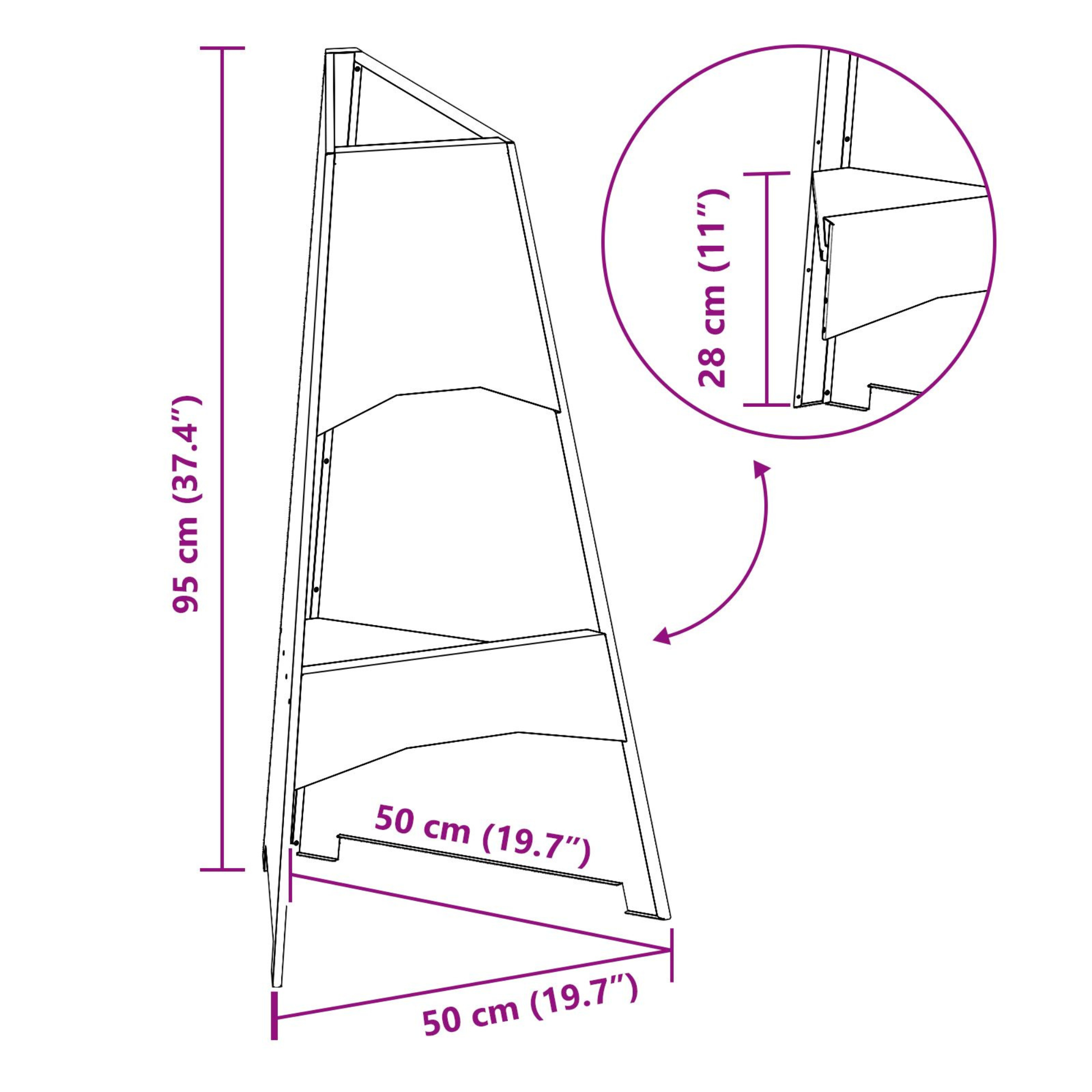 Dimension diagram of black steel tower fire pit showing 50cm base width and 95cm height with 28cm shelf depth Pyrova