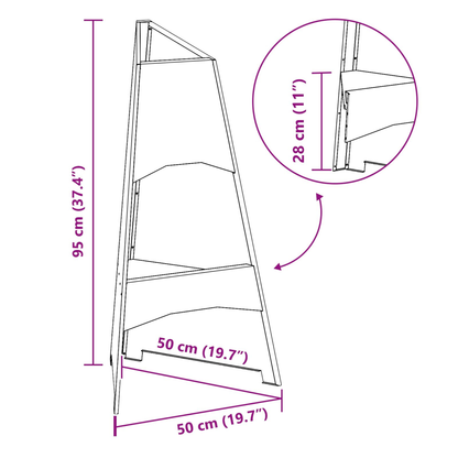 Dimension diagram of black steel tower fire pit showing 50cm base width and 95cm height with 28cm shelf depth Pyrova