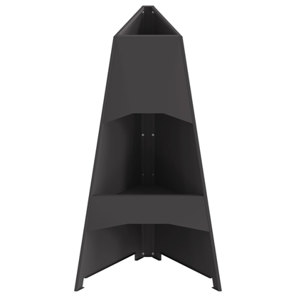 Front view of black steel tower fire pit showing open firebox and internal log storage shelf Pyrova